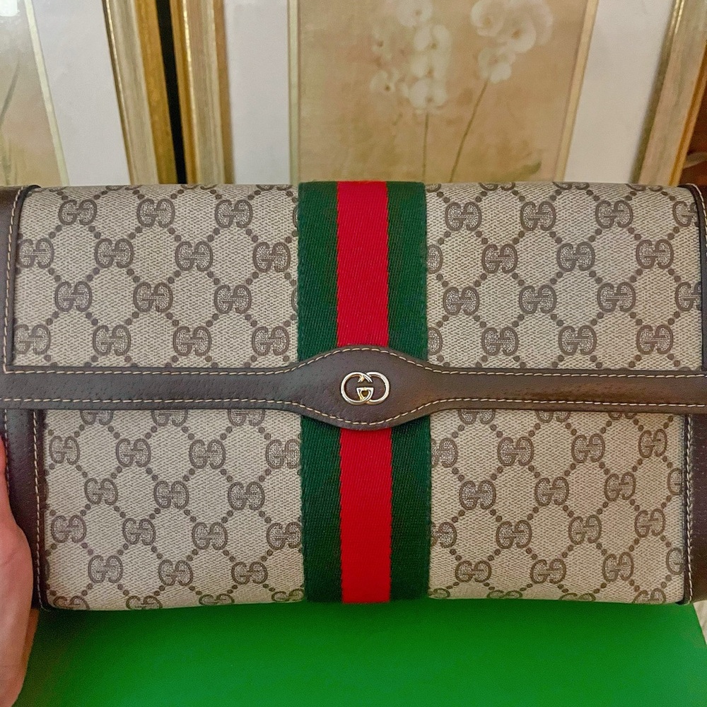 Vintage Gucci Parfums Cream and Brown Clutch with Monogram Print